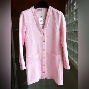 New ZARA Pink Tweed Gold Button Sweater Dress/Jacket  S